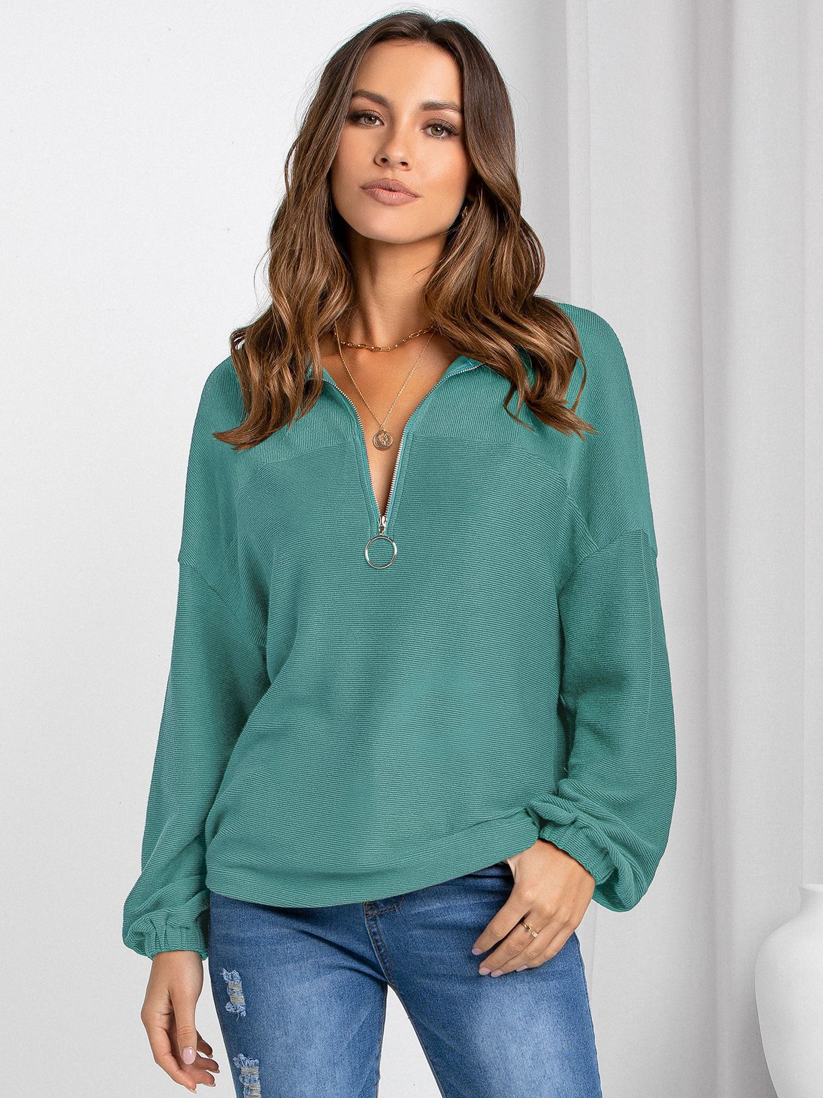 Women's Half Zip Knit Sweater - Cozy Casual Top - ZipKnit Teal