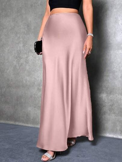 Women's Satin Maxi Skirt - Elegant Flared Hem, SlimFit Pink