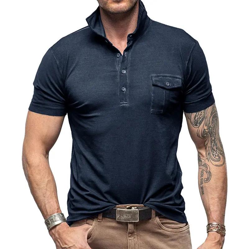 Men's Slim Fit Cotton Polo Shirt - Stand Collar Pocket - ModernEdge Royal Blue