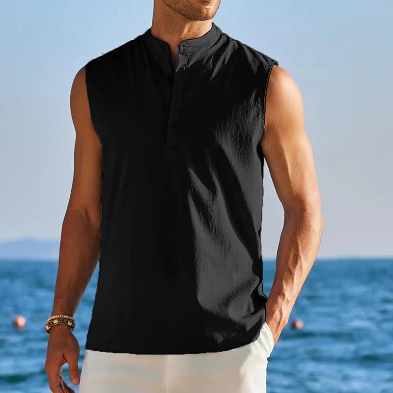 Men’s Sleeveless Vest – Cotton Blend – Relaxed Fit – Mandarin Collar – Half Button