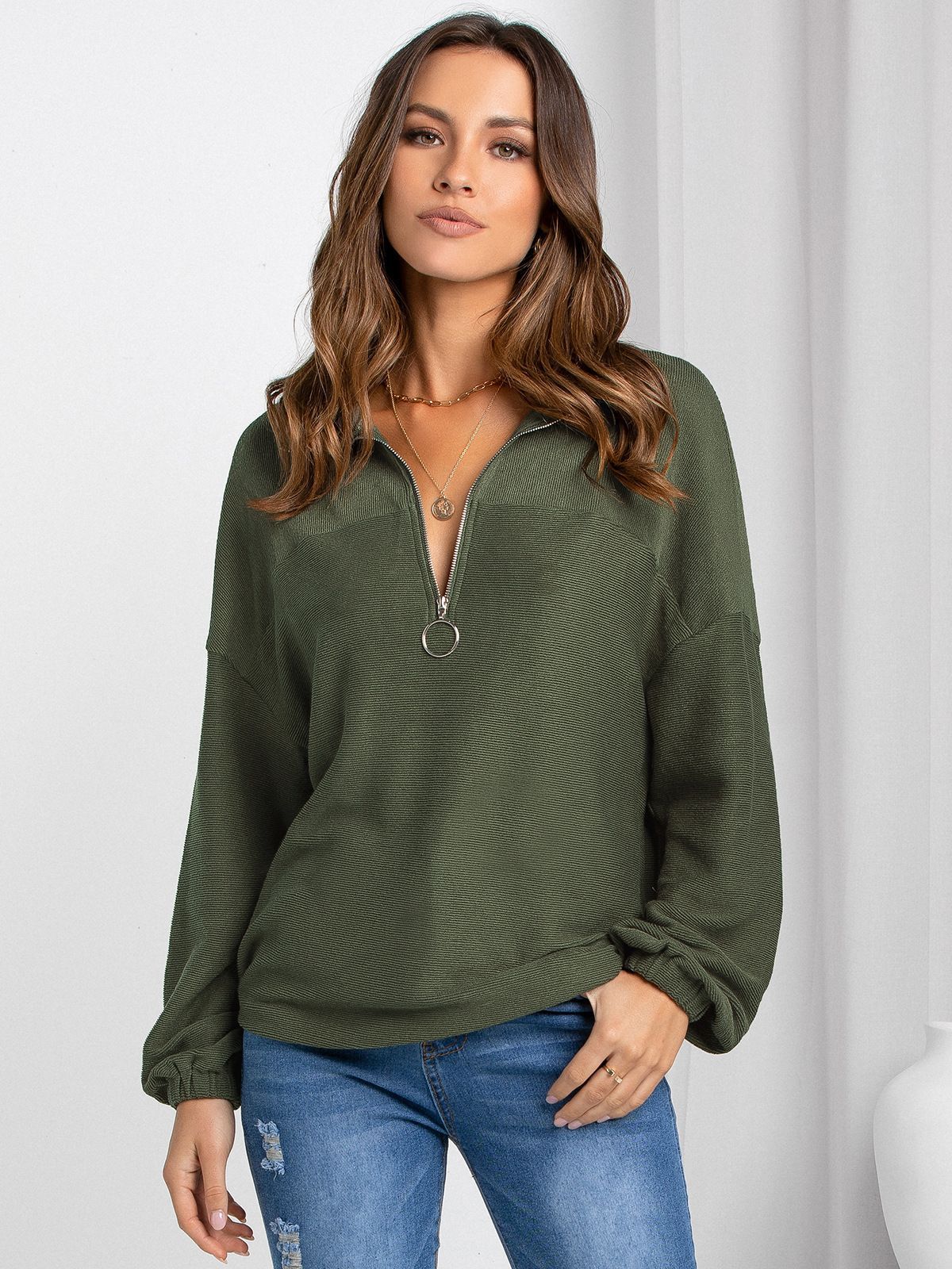 Women's Half Zip Knit Sweater - Cozy Casual Top - ZipKnit Army Green