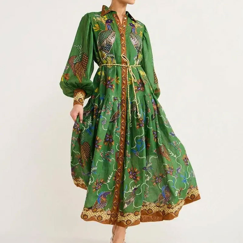 Women's Flowy Maxi Dress Long Sleeve V-Neck - Everly Gown Green Printed