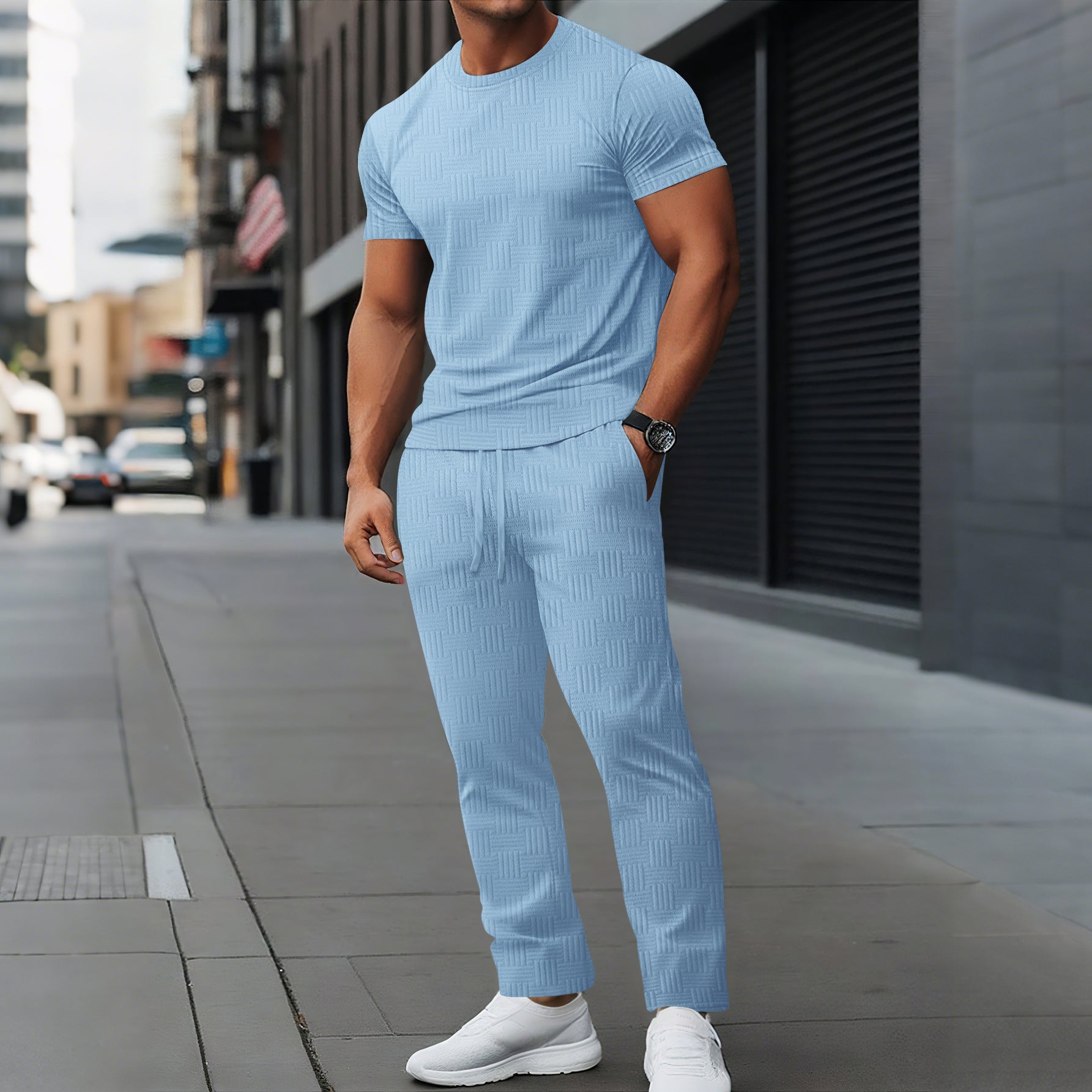 Men’s Athletic Trousers Set – Slim Fit – Stretch Fabric – Full Length Drawstring Waist Light Blue