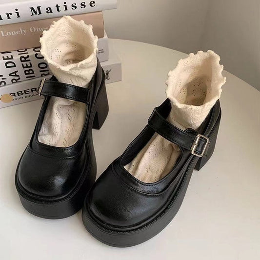 Women's Retro Platform Shoes Chunky Heel Faux Leather - VintageStride Black