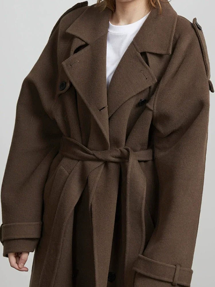 Women's Wool Blend Trench Coat - Oversized Belted Style - UrbanChic