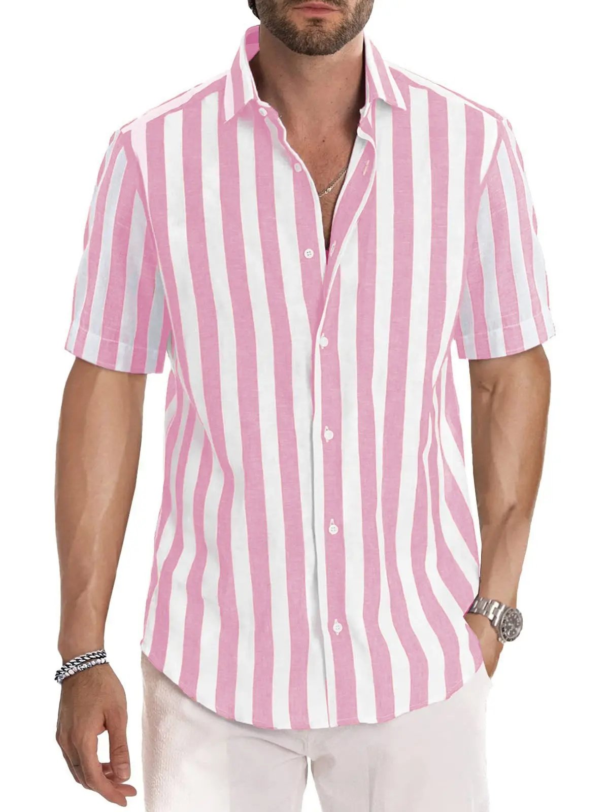 Men's Striped Button-Up Shirt - Relaxed Fit, Breathable - CoastalCool Pink