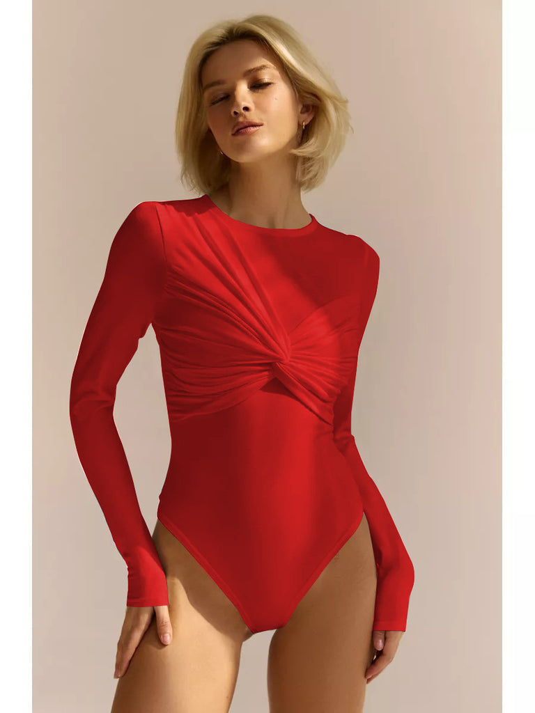 Women's Slim Fit Bodysuit Soft Stretch Ruched Long Sleeve - BodyGlam Red