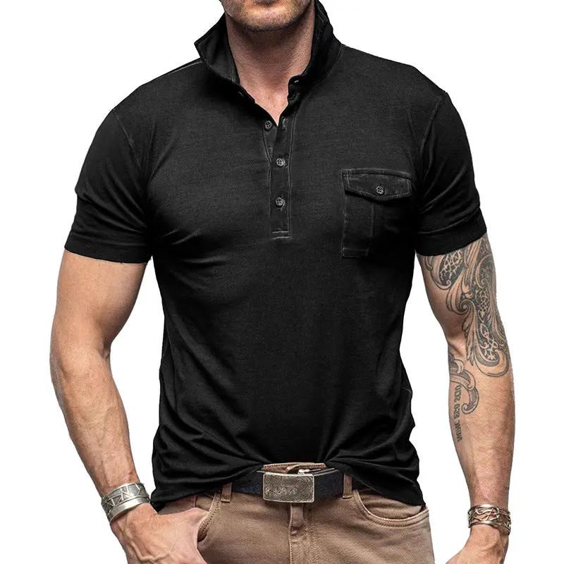 Men's Slim Fit Cotton Polo Shirt - Stand Collar Pocket - ModernEdge Black