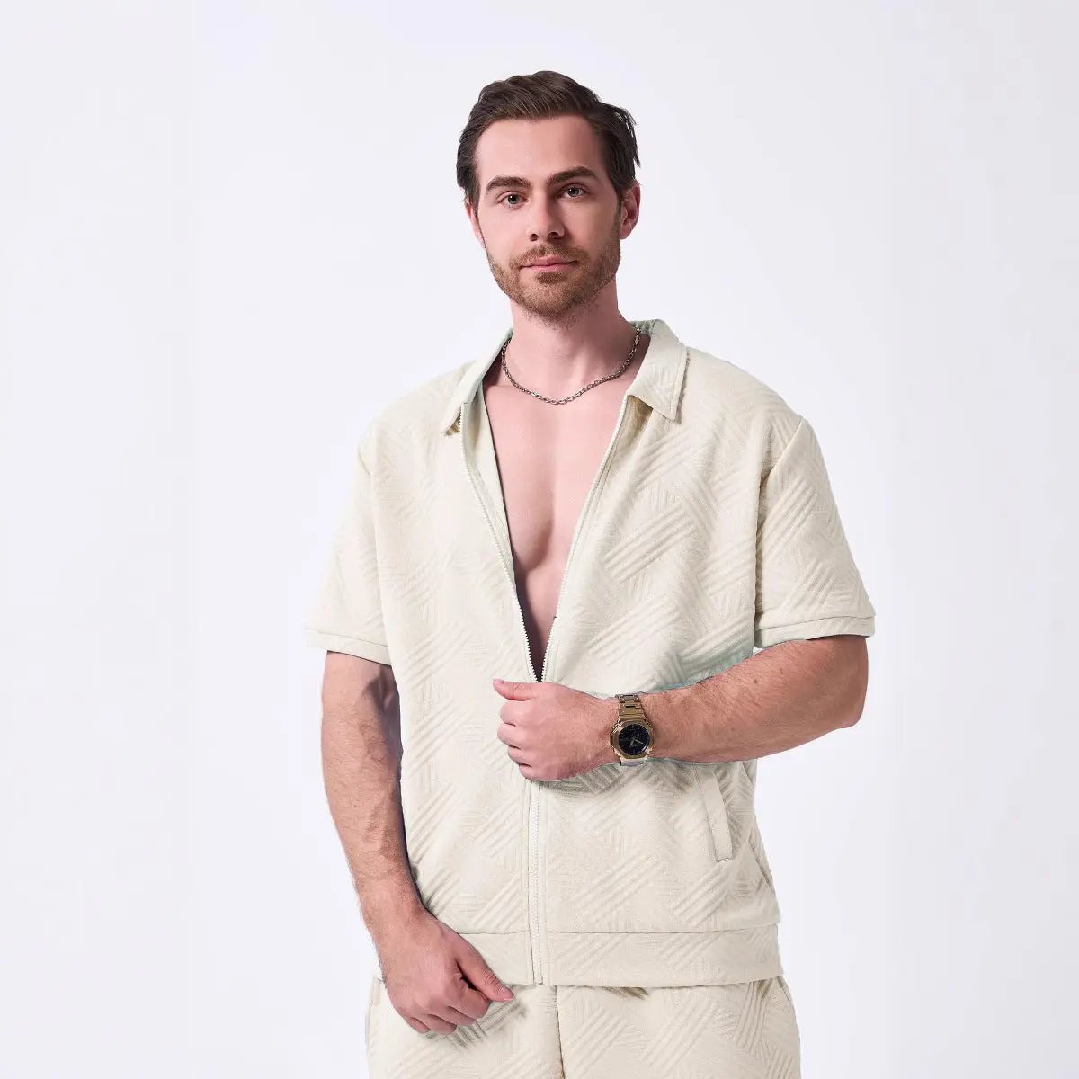 Men's Geometric Short Sleeve Zip Shirt - UrbanEdge Khaki