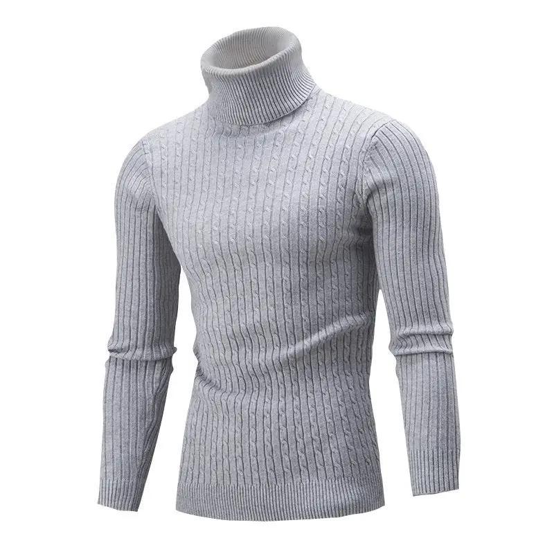 Men’s Turtleneck Sweater – Slim Fit – Wool Knit – Cable Pattern – Ribbed Hem Light Grey