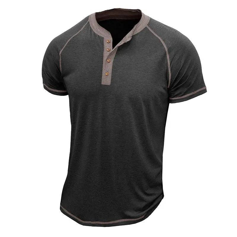 Men's Cotton Blend Henley Shirt Short Sleeve - StitchCraft Dark grey