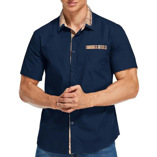 Men's Slim-Fit Short-Sleeve Shirt Stylish Check Trim - ModaStyle Navy Blue