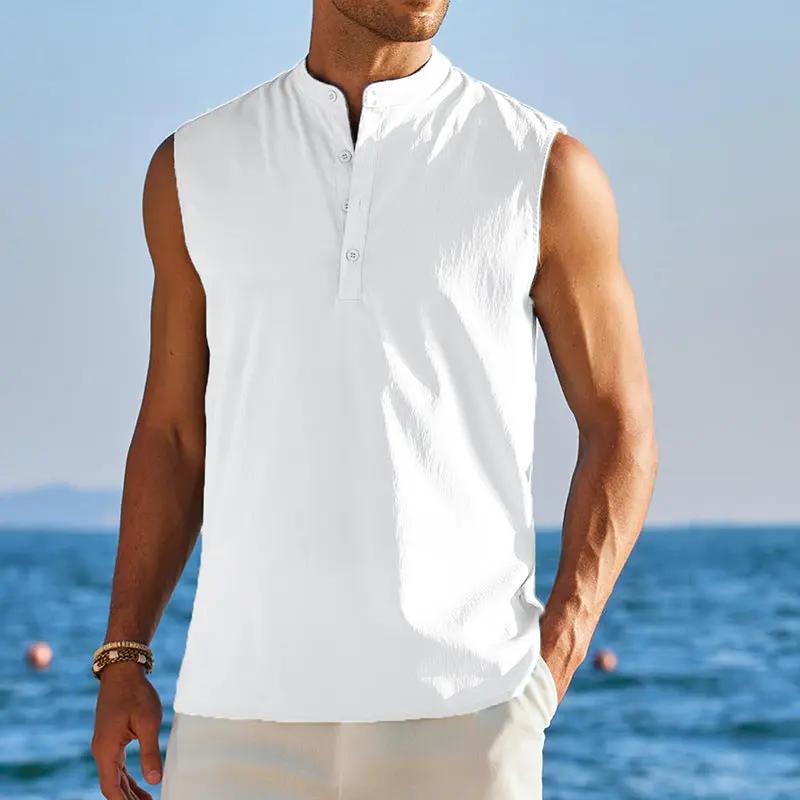 Men’s Sleeveless Vest – Cotton Blend – Relaxed Fit – Mandarin Collar – Half Button
