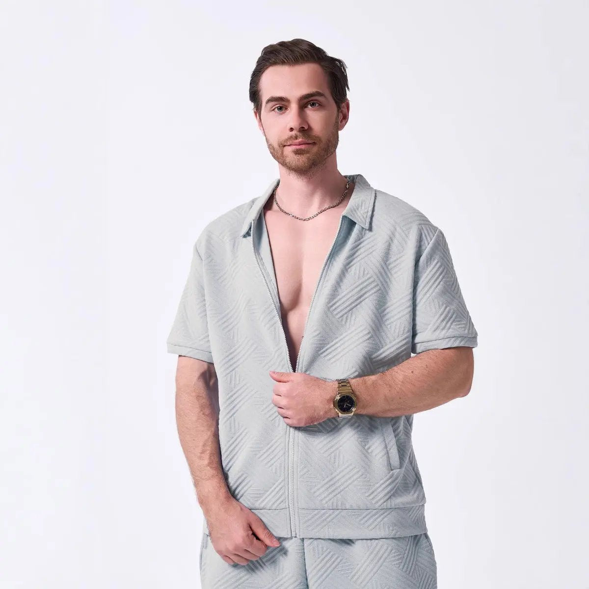 Men's Geometric Short Sleeve Zip Shirt - UrbanEdge Grey
