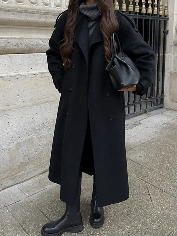 Women's Wool Blend Trench Coat - Oversized Belted Style - UrbanChic