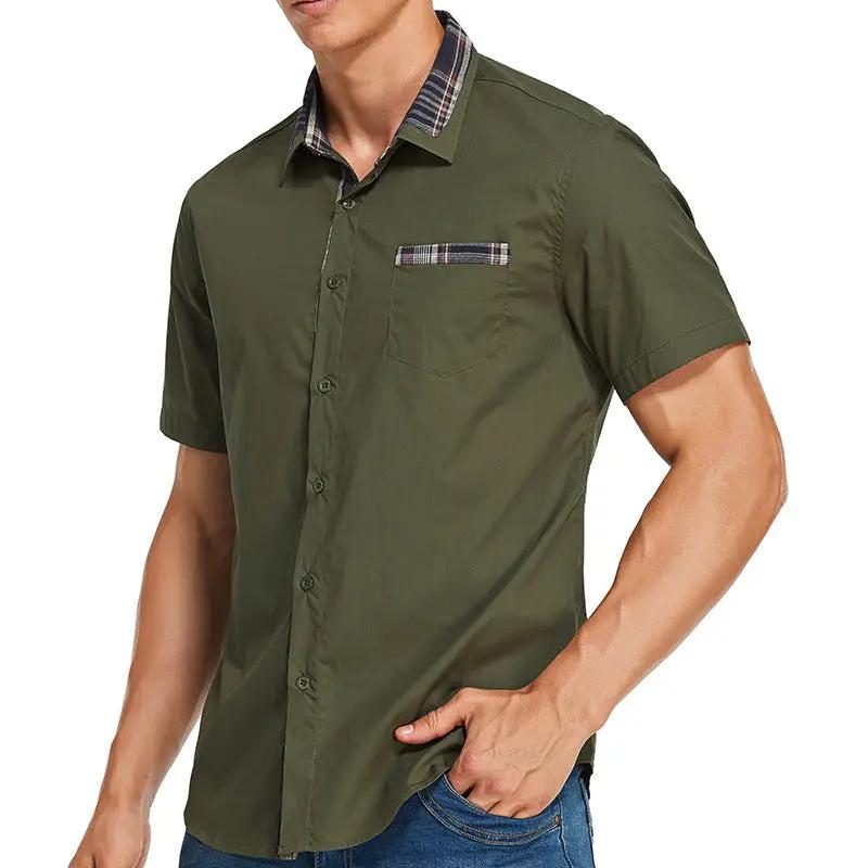 Men's Slim-Fit Short-Sleeve Shirt Stylish Check Trim - ModaStyle Green