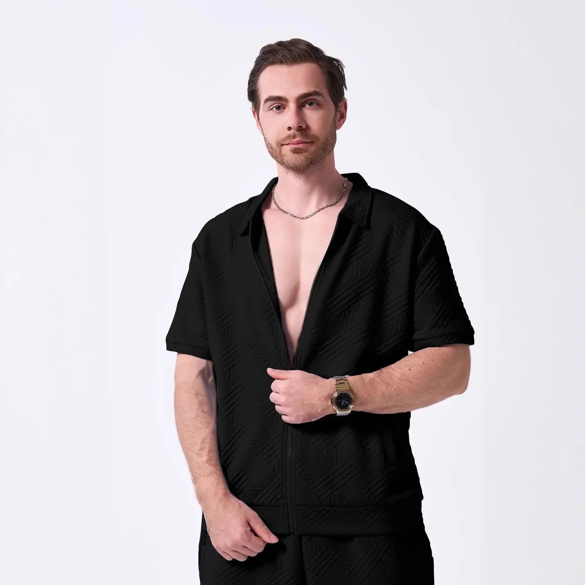 Men's Geometric Short Sleeve Zip Shirt - UrbanEdge Black