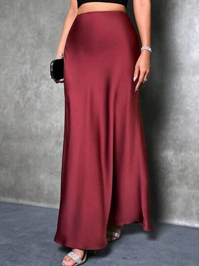Women's Satin Maxi Skirt - Elegant Flared Hem, SlimFit Claret