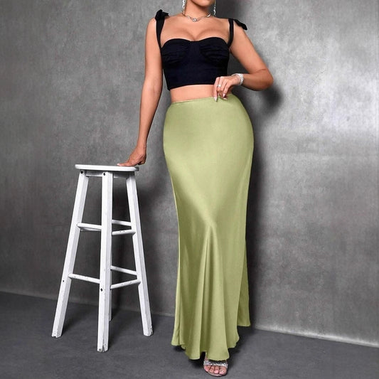 Women's Satin Maxi Skirt - Elegant Flared Hem, SlimFit Green