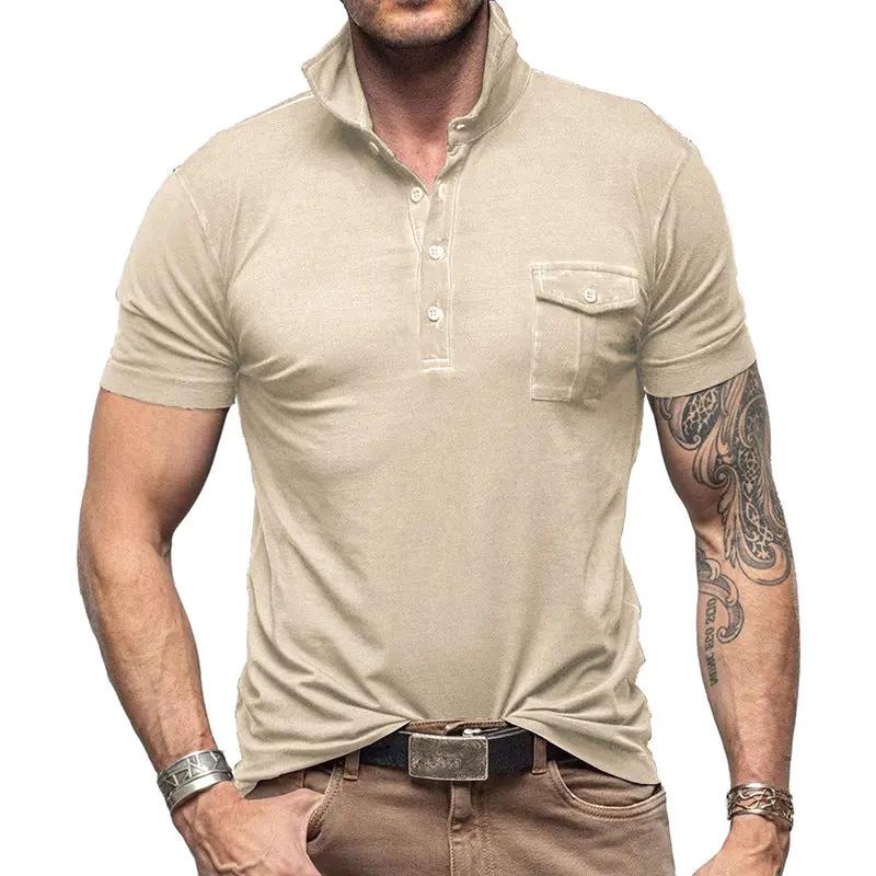 Men's Slim Fit Cotton Polo Shirt - Stand Collar Pocket - ModernEdge Beige