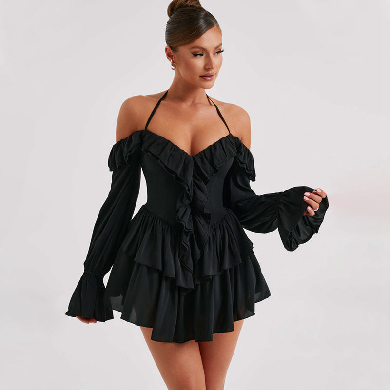 Women's Halter Romper - Off Shoulder Ruffle Playsuit - Daydreamer Black