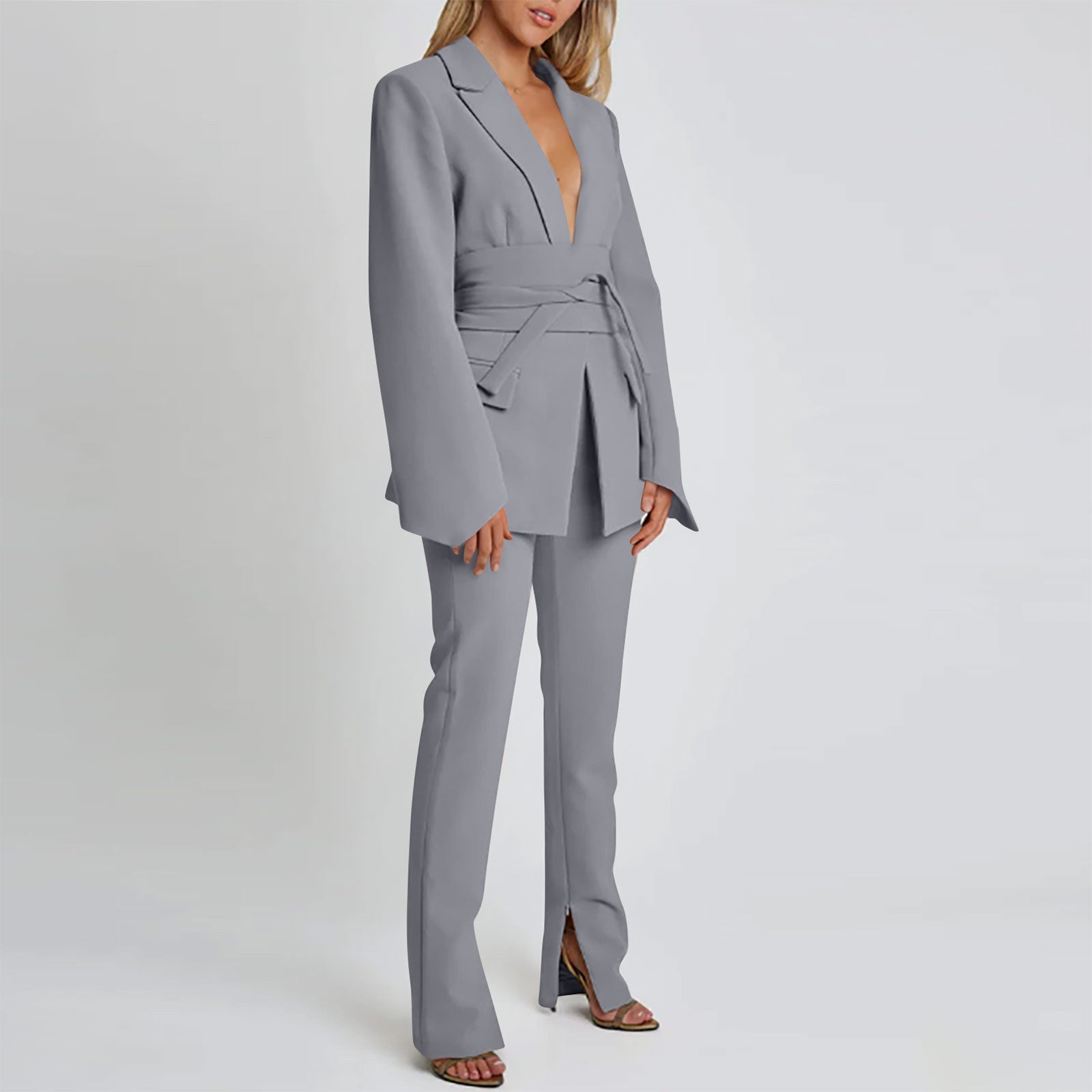Longline Blazer for Women, Tailored Fit with Self-Tie - WaistDefined Gray Suit
