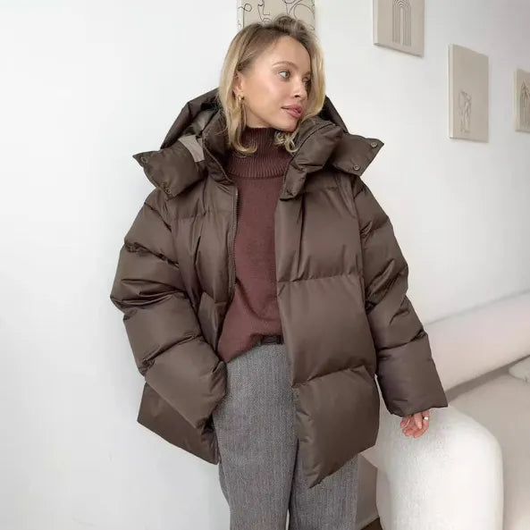 Women's Oversized Puffer Jacket - Quilted Water-Resistant Hooded Design - WinterEase Brown