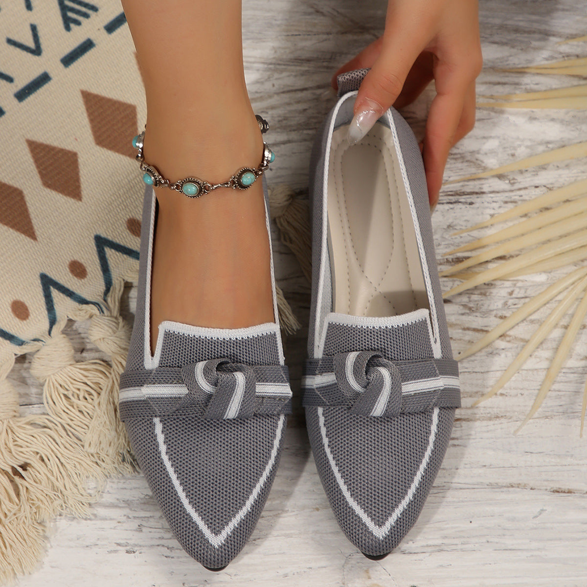Women’s Flat Shoes – Pointed Toe – Soft Knit – Slip-On with Knot Detail – Versatile Fit Gray