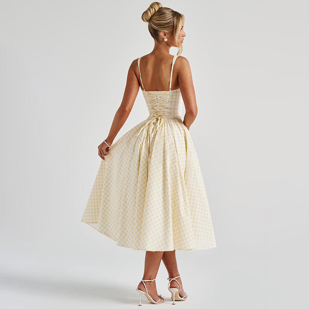 Women's Checkered Midi Dress - Elegant Princess Silhouette - Checkmate Charm