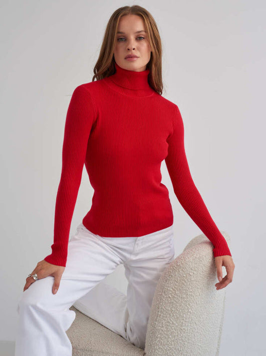 Women's Ribbed Knit Turtleneck - CozyChic Red One size