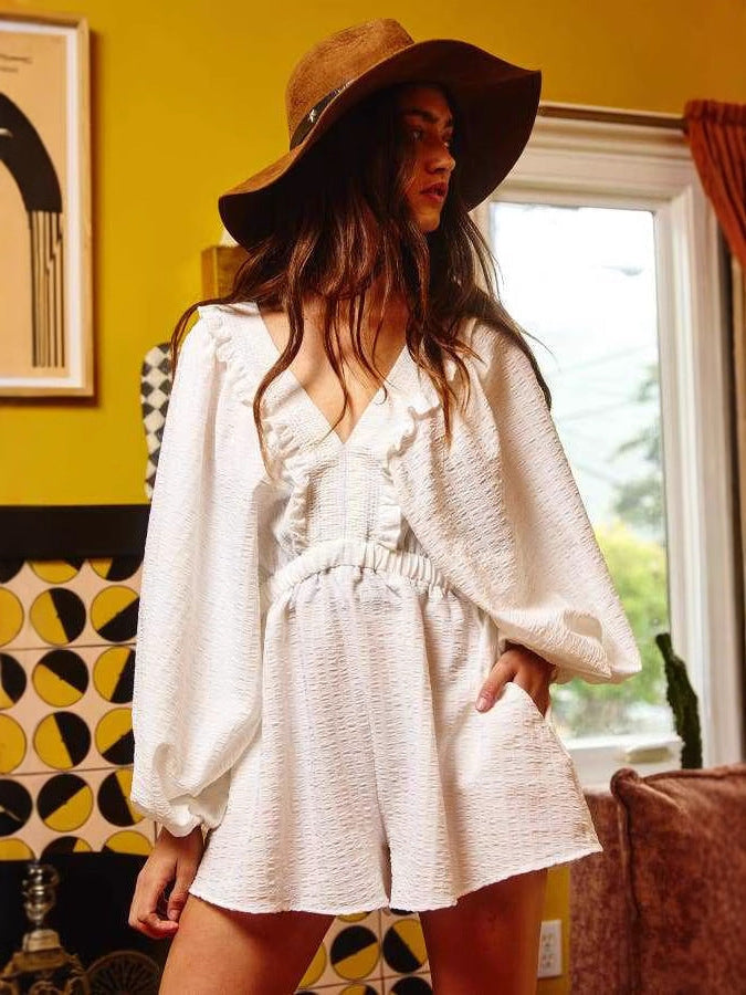 Women's Cotton Blend Romper V-Neck Puff Sleeve - RuffleDay