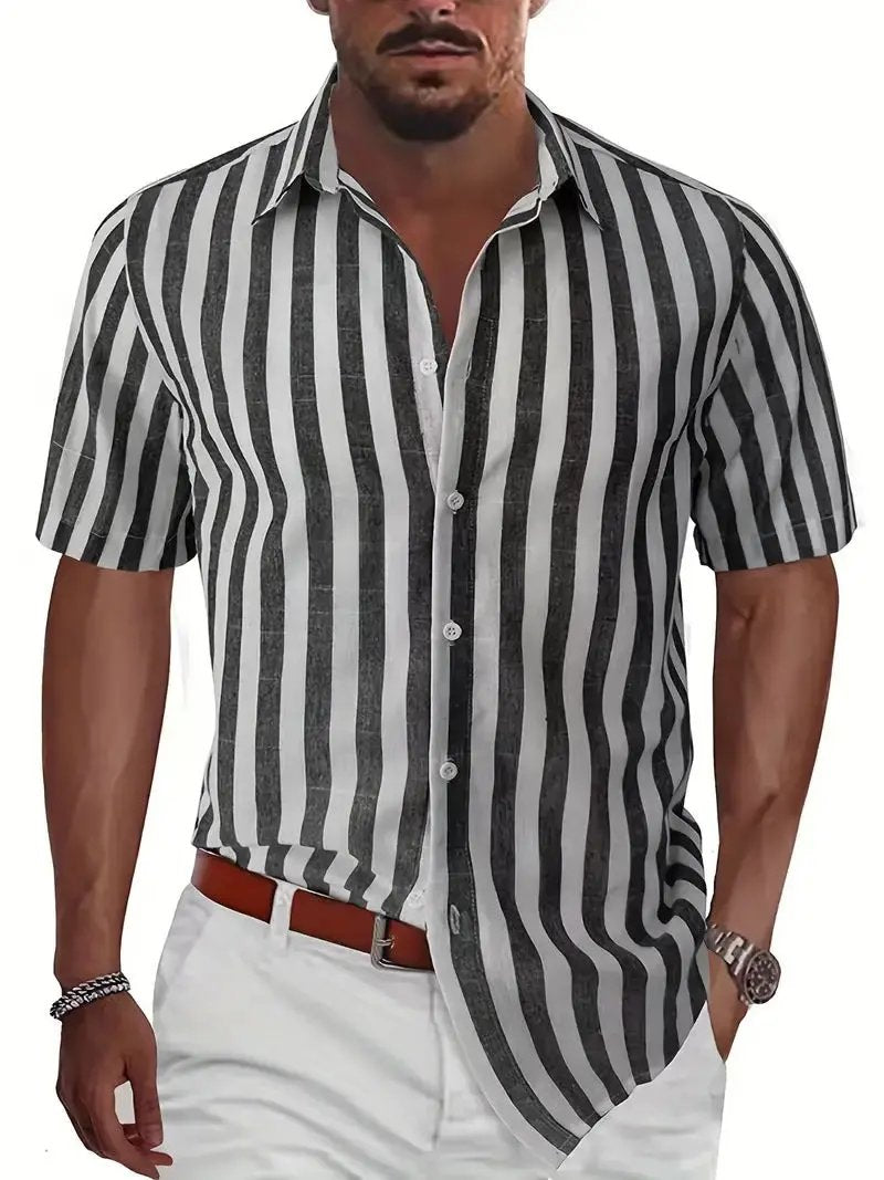Men's Striped Button-Up Shirt - Relaxed Fit, Breathable - CoastalCool Black