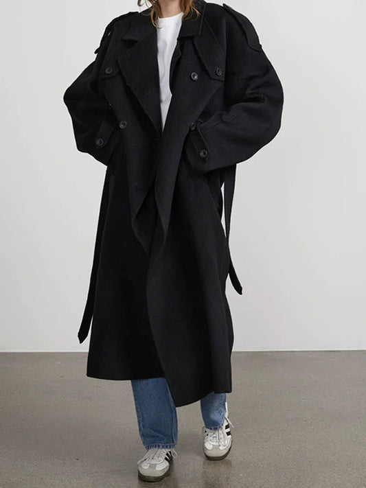 Women's Wool Blend Trench Coat - Oversized Belted Style - UrbanChic Black