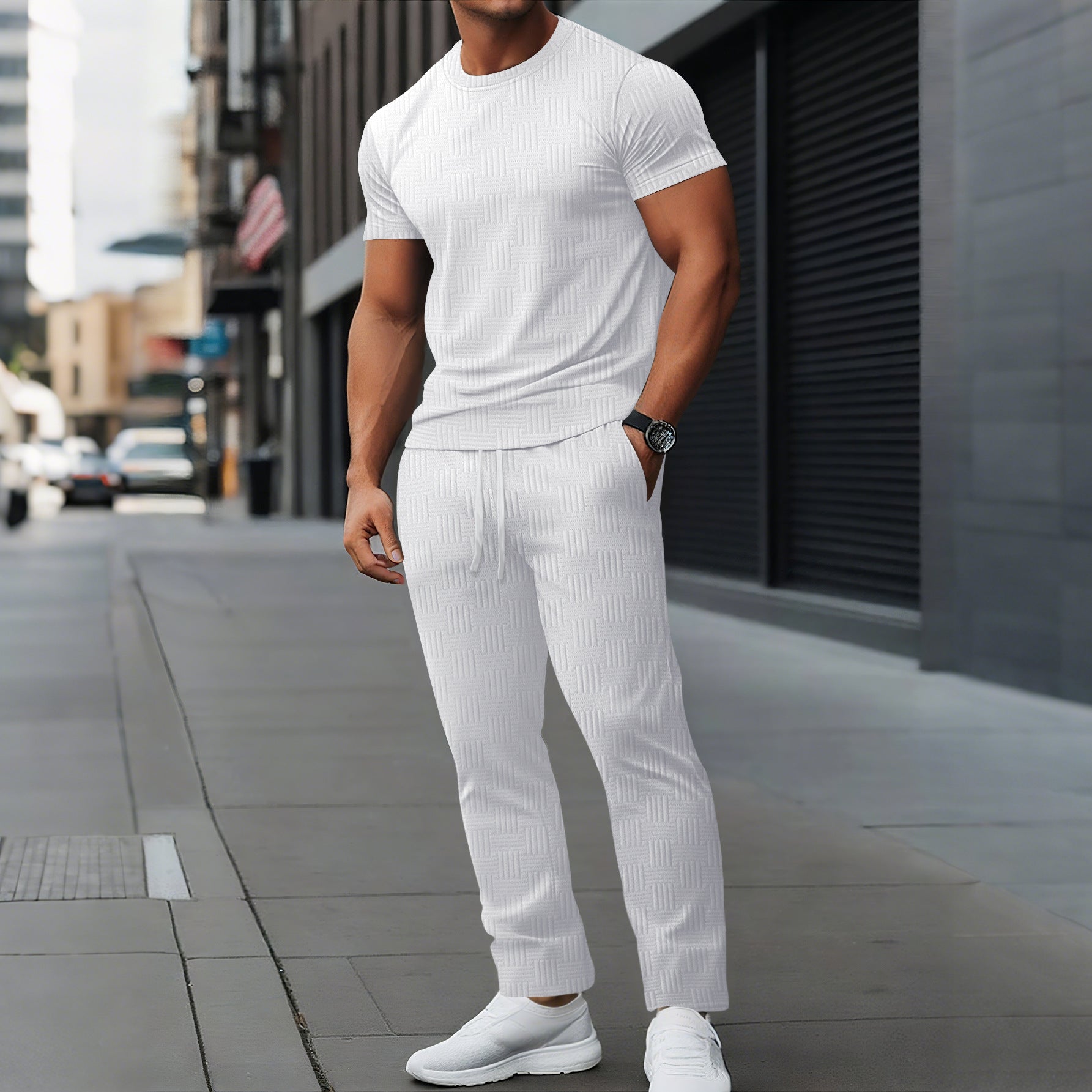 Men’s Athletic Trousers Set – Slim Fit – Stretch Fabric – Full Length Drawstring Waist White