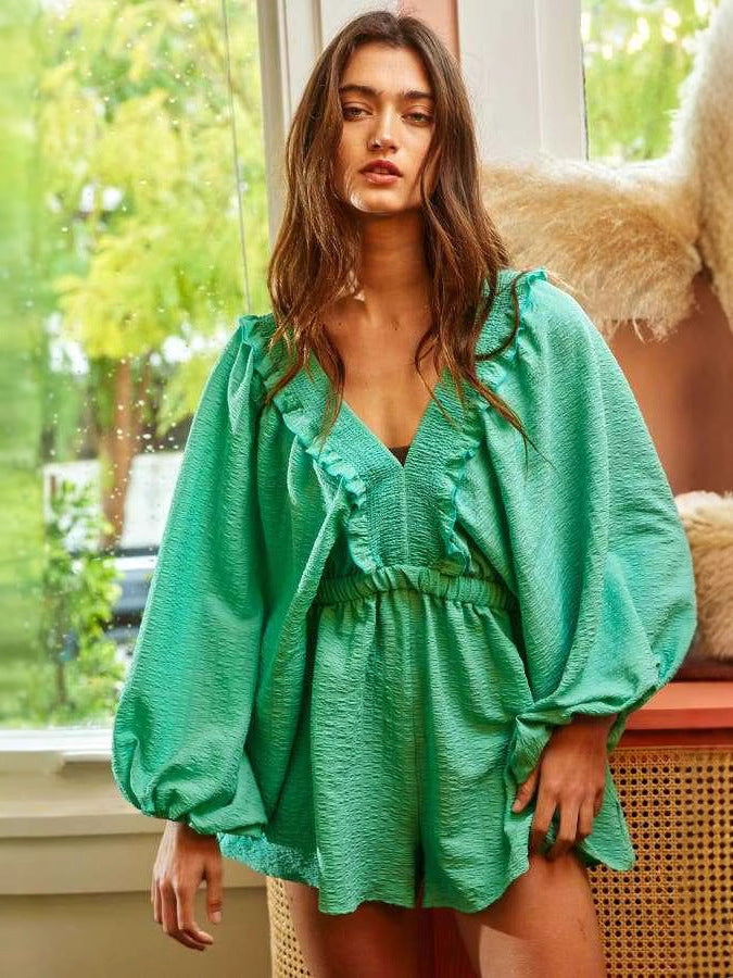 Women's Cotton Blend Romper V-Neck Puff Sleeve - RuffleDay