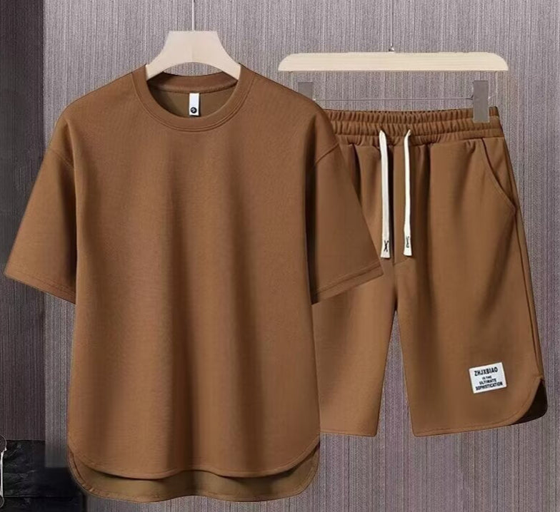 Men’s Athletic Set – Relaxed Fit – Short Sleeve Top & Drawstring Shorts – Breathable Set Brown