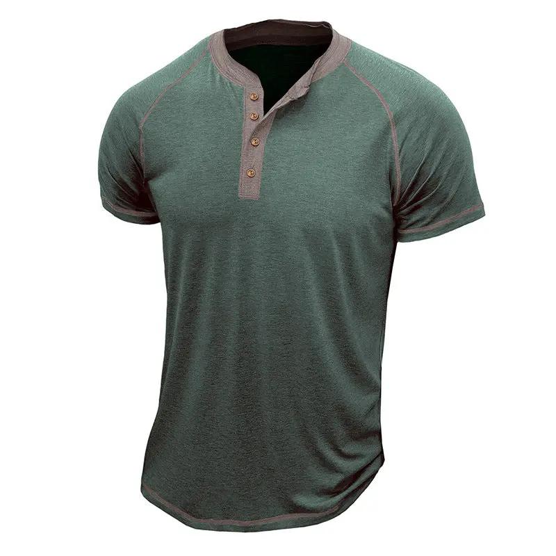 Men's Cotton Blend Henley Shirt Short Sleeve - StitchCraft Green