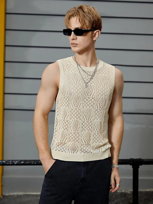 Men’s Crochet Tank Top - Sleeveless Geometric Knit - Lightweight & Breathable