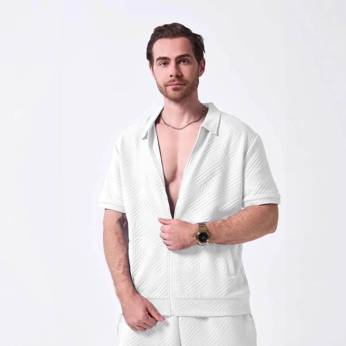 Men's Geometric Short Sleeve Zip Shirt - UrbanEdge White