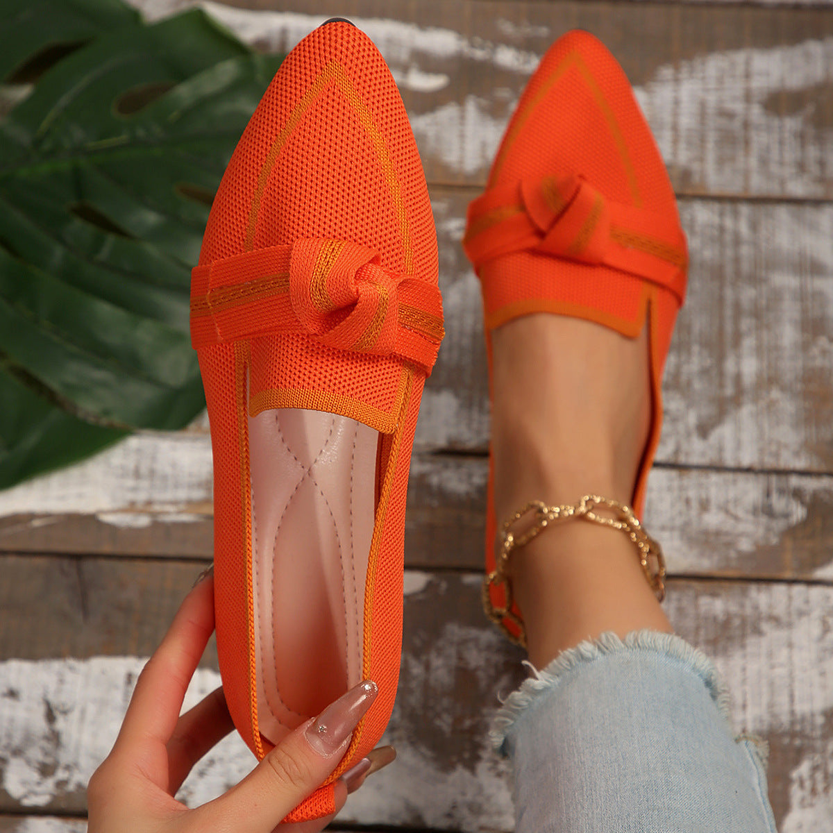 Women’s Flat Shoes – Pointed Toe – Soft Knit – Slip-On with Knot Detail – Versatile Fit Orange
