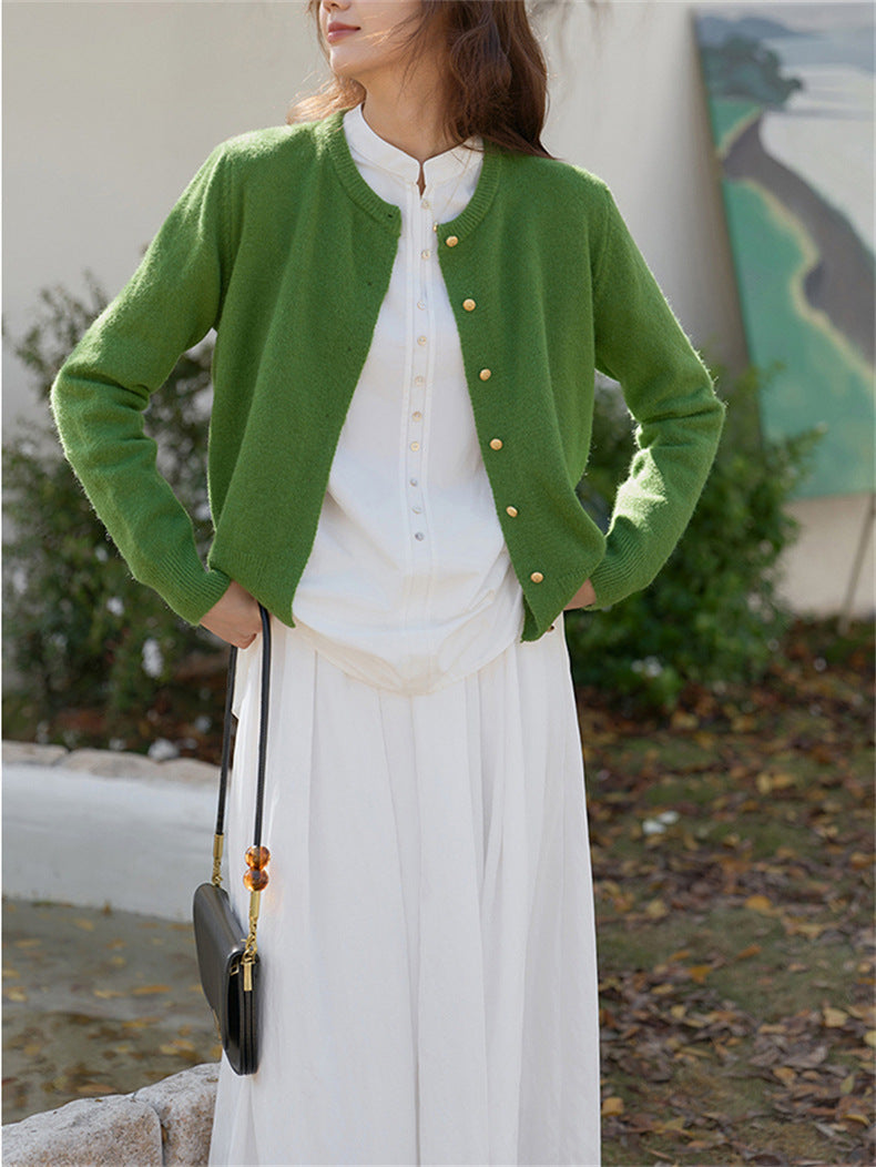 Women's Knitted Cardigan Retro Round Neck Elegant Gold Button - RetroChic