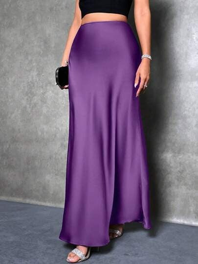 Women's Satin Maxi Skirt - Elegant Flared Hem, SlimFit Purple