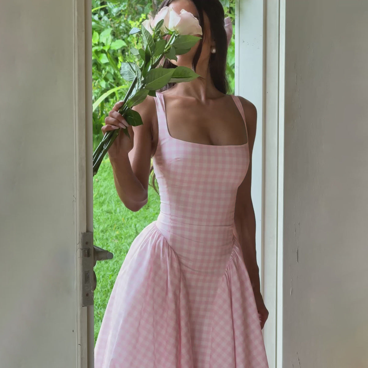 Women's Checkered Midi Dress - Elegant Princess Silhouette - Checkmate Charm