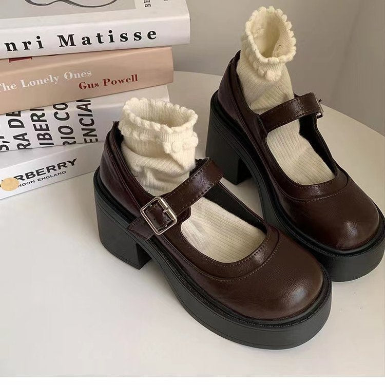 Women's Retro Platform Shoes Chunky Heel Faux Leather - VintageStride Brown