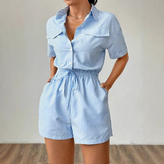Women's Striped Romper Button-Front Cinched-Waist - BreezyDay Sky Blue