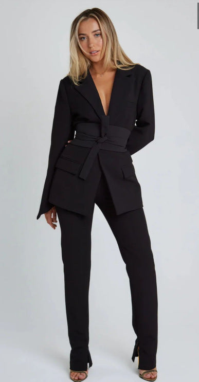 Longline Blazer for Women, Tailored Fit with Self-Tie - WaistDefined Black Suit