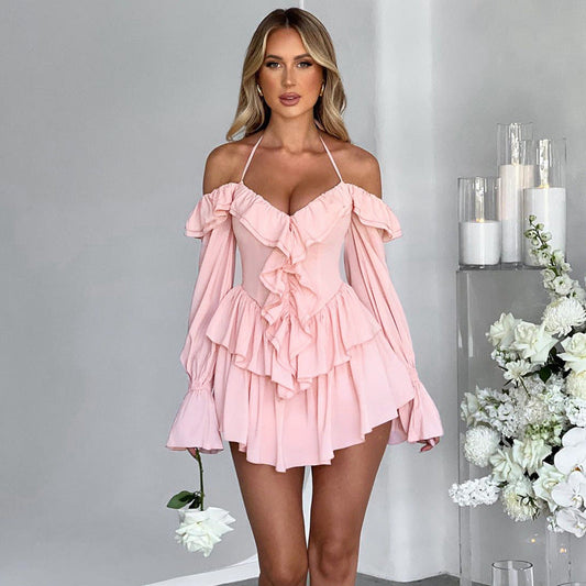 Women's Halter Romper - Off Shoulder Ruffle Playsuit - Daydreamer Pink
