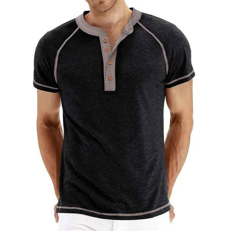 Men's Cotton Blend Henley Shirt Short Sleeve - StitchCraft Black