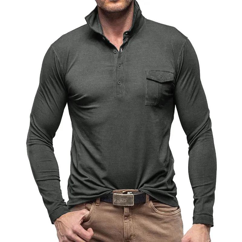 Men's Slim Fit Cotton Henley Shirt - Stand Collar - HenleyCool Grey