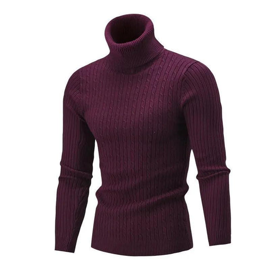 Men’s Turtleneck Sweater – Slim Fit – Wool Knit – Cable Pattern – Ribbed Hem Maroon